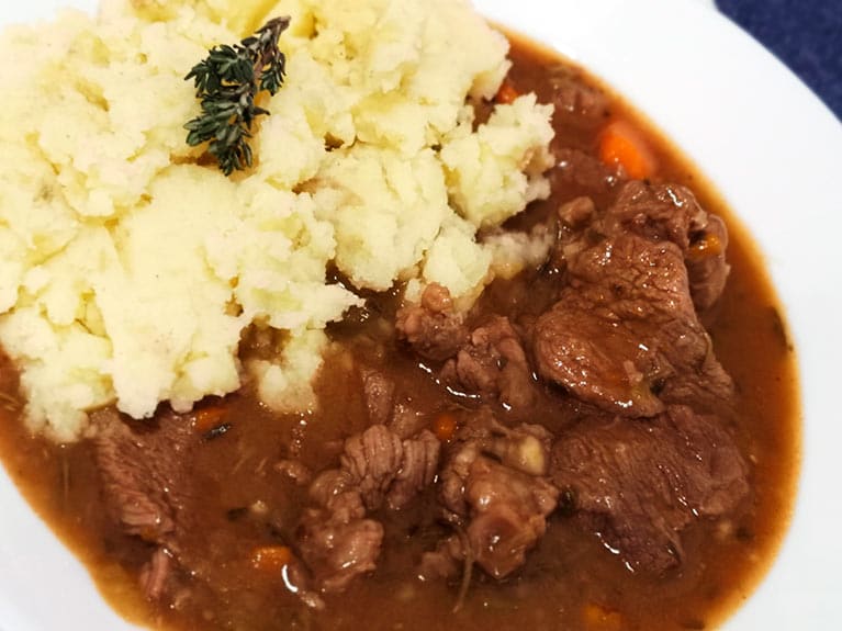 Beef and Guinness stew with mashed potatoes, result